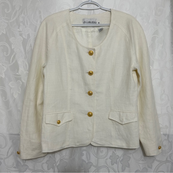 JH Collectibles Pure Linen Ecru White Golden Button Classic Vintage Blazer - Picture 11 of 11